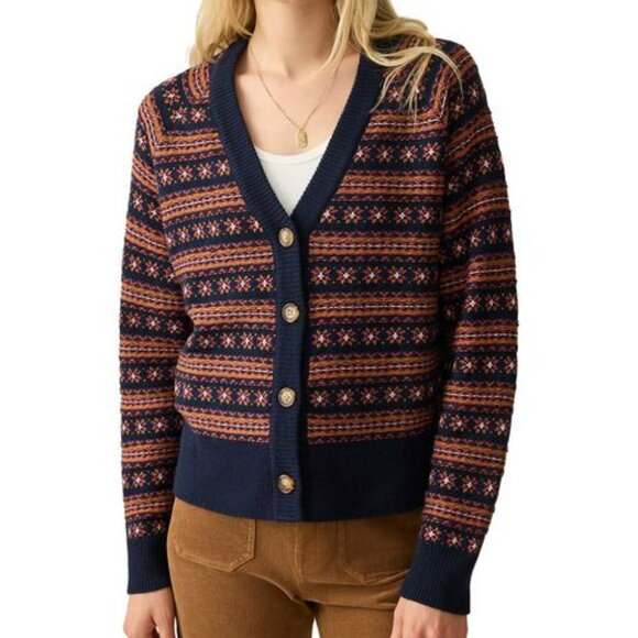 Faherty Sweaters - Faherty Navy Highland Fair Isle Cardigan Large Academia Cottage Preppy Boho EUC